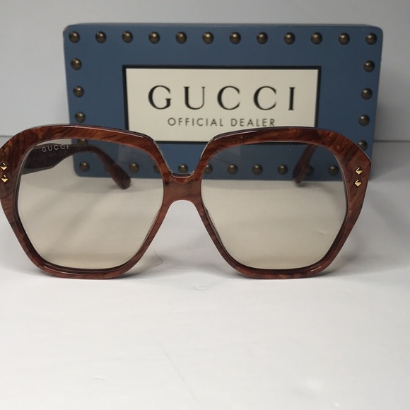 AuthGUCCI GG1249S 001 square sunglass dark wood brown frame light yellow lenses. - Picture 3 of 15